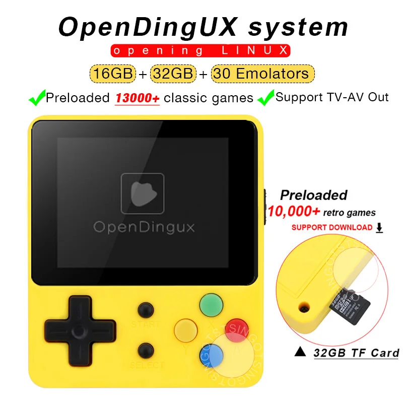 1.0yellow 32GB TF Новая игровая консоль LDK 2,7 дюймов LINUX RetroFW система DIY ретро игровая видео плеер 48 ГБ встроенные 10000 Ретро игры управление на 360 градусов - Цвет: 1.0yellow 32GB TF