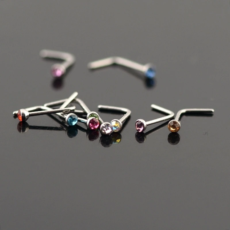 

5pcs Stainless Steel L Bend Nose Lip Ear Septum Stud Ring Crystal Rhinestone Body Piercing Jewelry Color Random Send