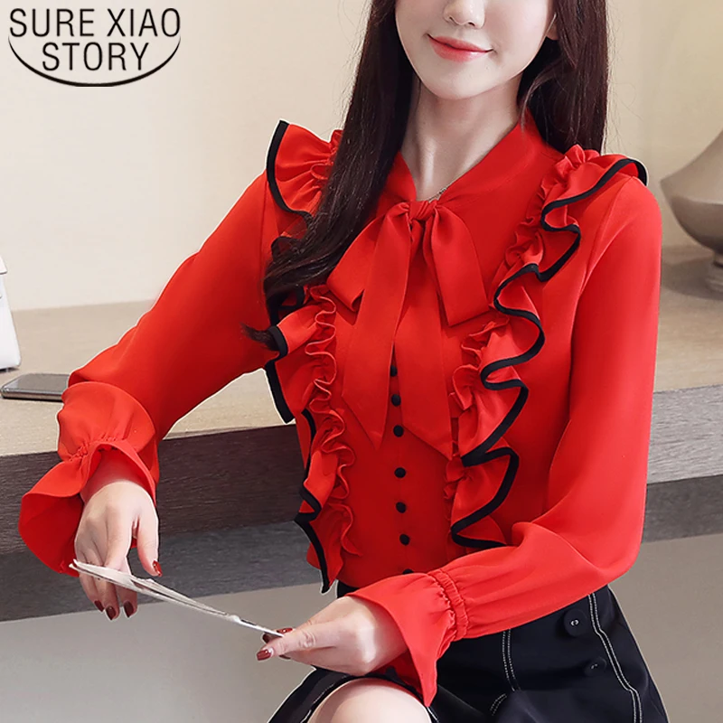 Blusas mujer de moda 2021 Осень Длинные рукава женская шифоновая блузка с низким вырезом