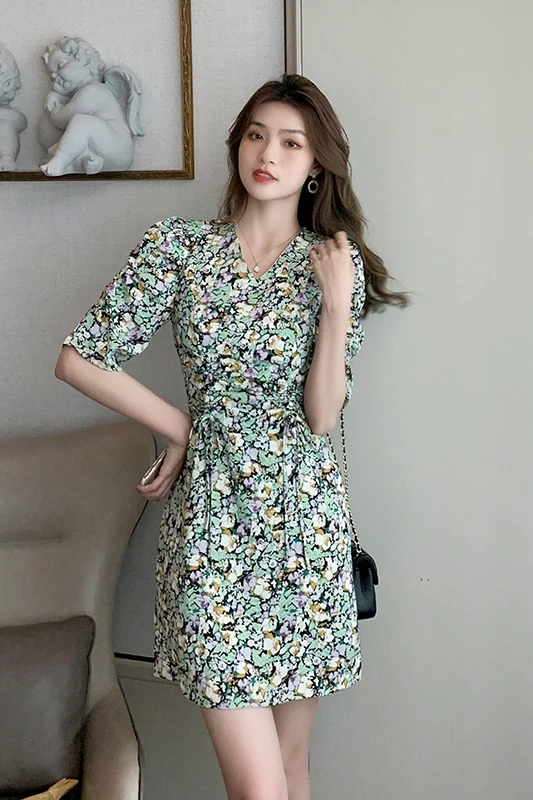 

COIGARSAM French Style Print Women dress Summer Vintage V-Neck Long Dresses Floral 8563