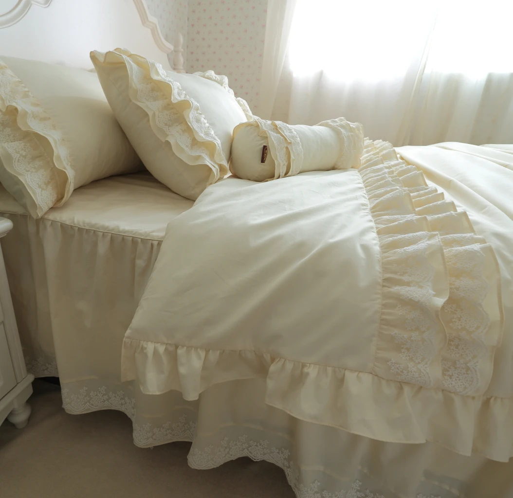 

Luxury bedding set queen size embroidery ruffle lace Light beige cotton twill yarn Korean Princess duvet cover pillowcase HM-10S