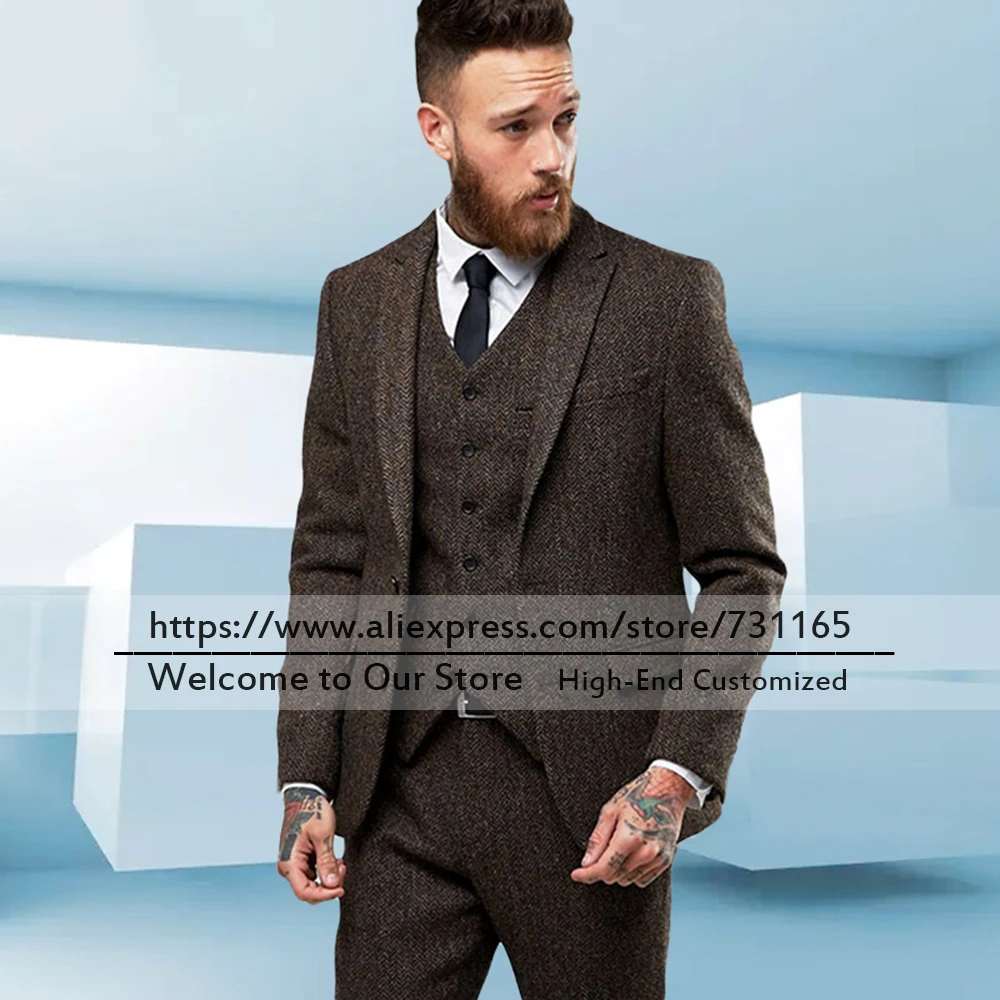 Твид шерстяной пиджаки мужские костюмы для свадьбы 3 предмета Комплект