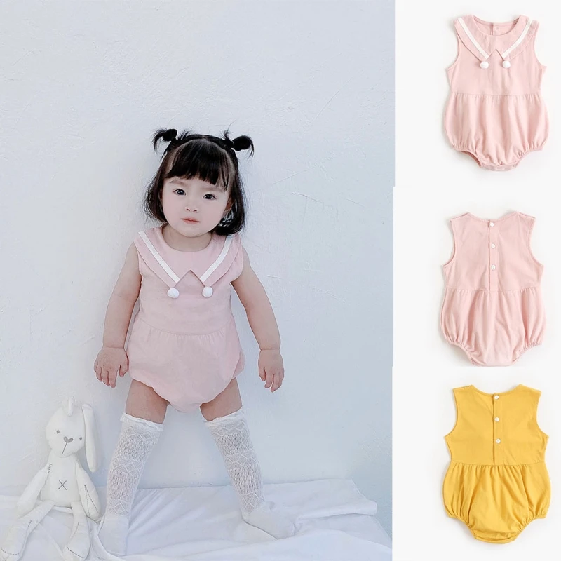 

066B Baby Sleeveless Romper Navy Collar Bodysuit Summer Cotton Jumpsuit 0-36Months Newborn Infants Toddler Bag Fart Clothing