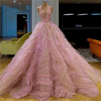 unique design 2019 prom gown deep v neck ruffled tulle evening formal dresses ball gown pink illusion special occasion dress