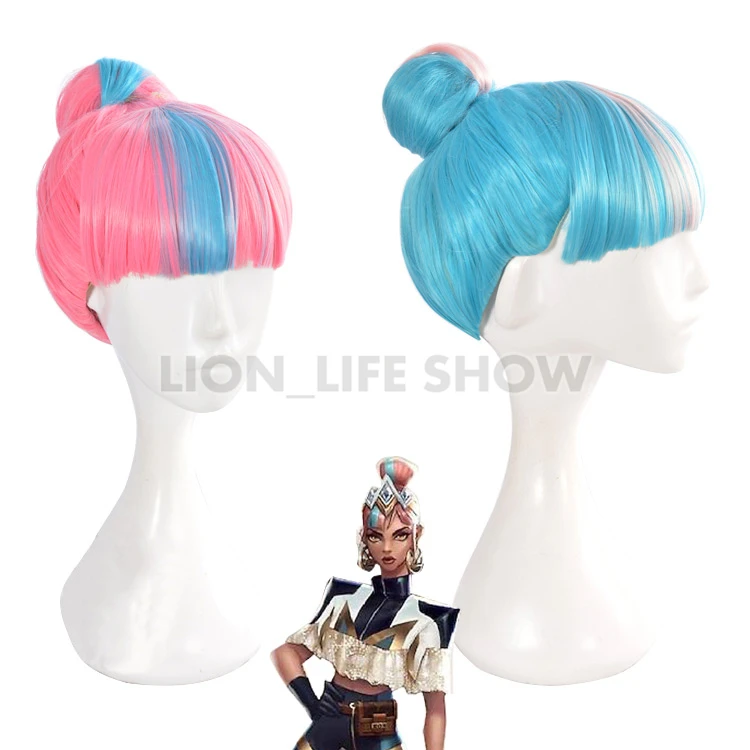 

LoL Qiyana Cosplay Wig True Damage Cosplay Blue Mixed Pink Wigs with Bun Heat Resistant Synthetic Hair+Free Wig Cap