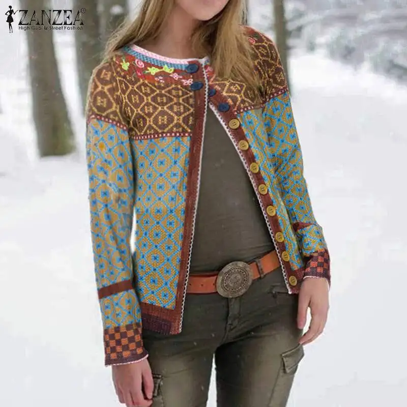 

ZANZEA Women's Patchwork Cardigans Pull Femme Jackets Ethnic Print Coats Single Button Overcoat Female O Neck Blusa 7