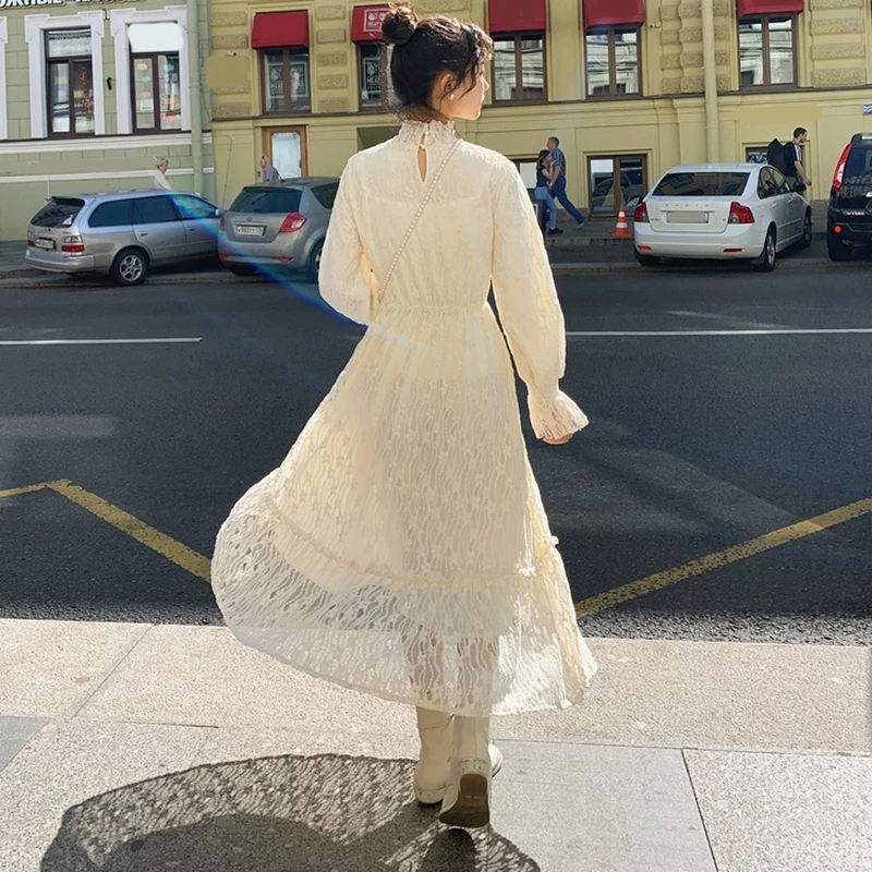 RealShe длинное платье элегантное с оборками длинный рукав сплошное кружевное