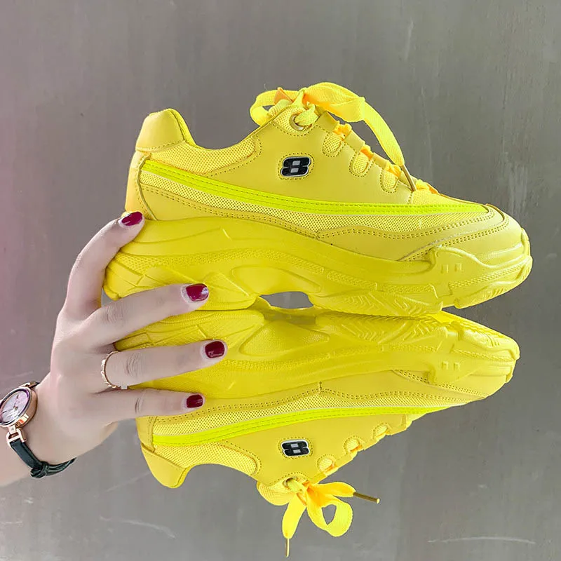 Yellow Sooneeya Ins/Лидер продаж; яркие цвета; женские кроссовки; цветные дышащие сетчатые туфли с толстой подошвой для папы; женские кроссовки на не сужающемся книзу массивном каблуке - Цвет: Yellow