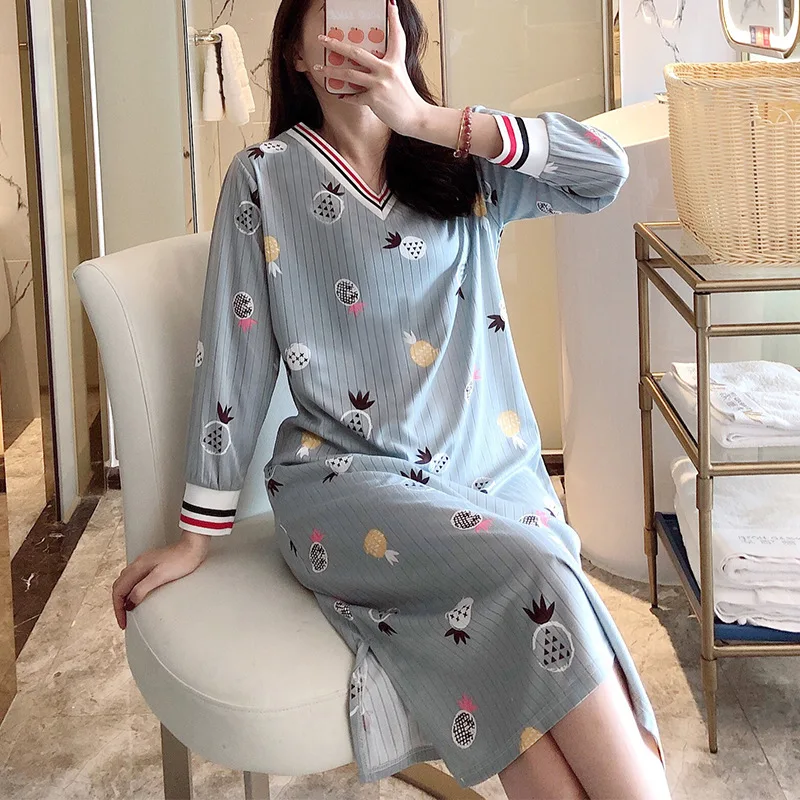2021Spring and Autumn Women's Nightdress V-neck Long-sleeved Home Service Sexy Nightwear Sleepwear Women Sleep Tops Night Gown