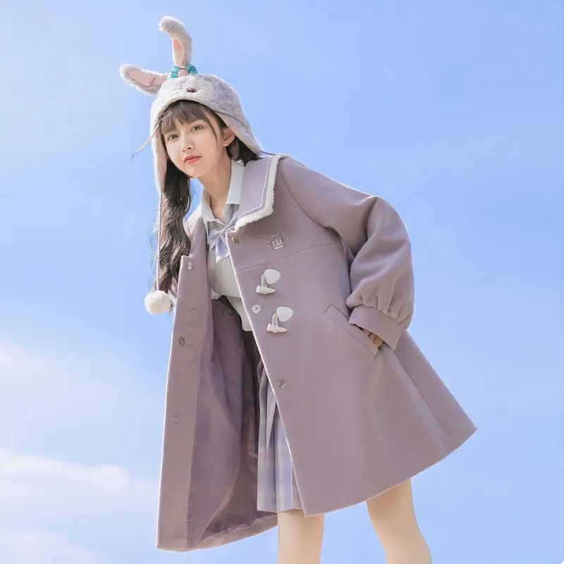 

Женское шерстяное пальто с кроличьими ушками, длинное пальто свободного покроя с воротником в японском и темно-синем стиле, пальто с пряжко...