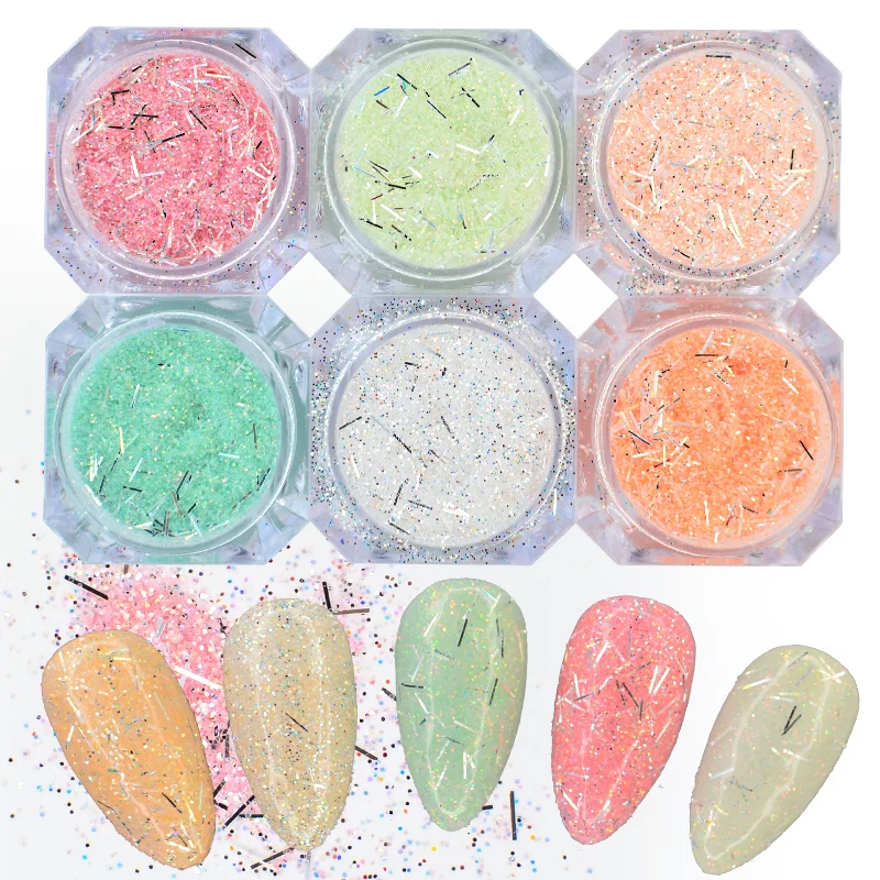

WUF 6 Colors Mix Glitter Nail Art Powder Flakes Set Holographic Sequins for Manicure Polish Nail Decorations Shining Tips