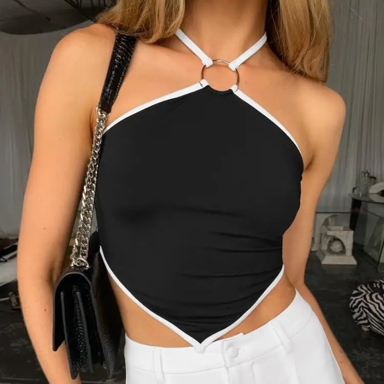 

2021 summer contrast stitching sleeveless halter neck halter slim-fit camisole female