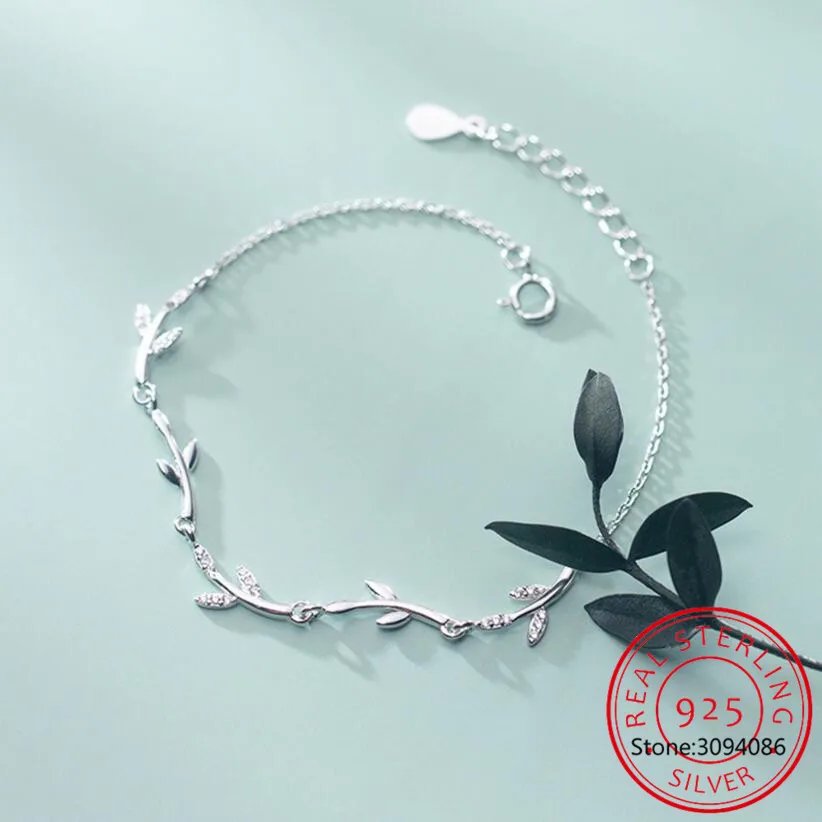 

Real 925 Sterling Silver Zircon Tree Branch Leaves Bracelet For Fashion Women Party Cute Fine Jewelry Minimalist Accessories