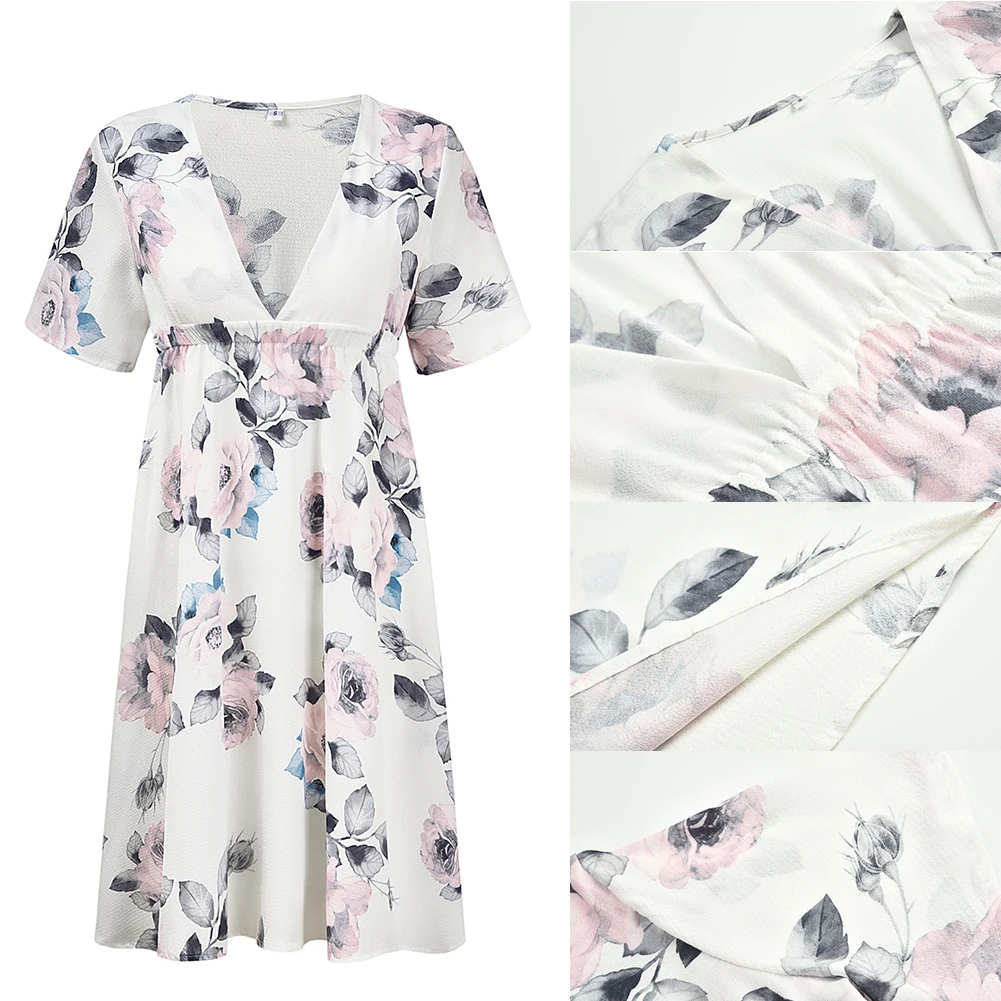 

Pregnant Women Dress Floral Prints Gift Summer Maternity Slim Waist Large Swing Fashion Short Sleeve Flower Causal V Neck
