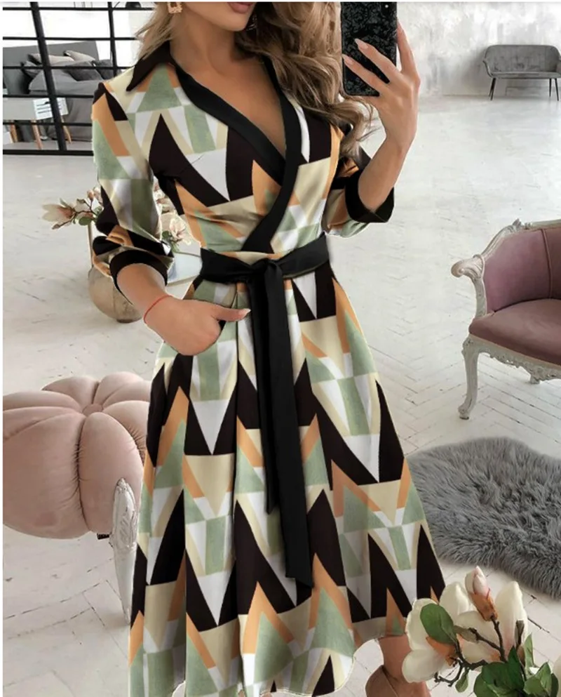

wsevypo Vintage Women Tied High Waist Midi Shirts Dress Autumn Office Lady Elegant Long Sleeve Turn down Collar Flared A-Line
