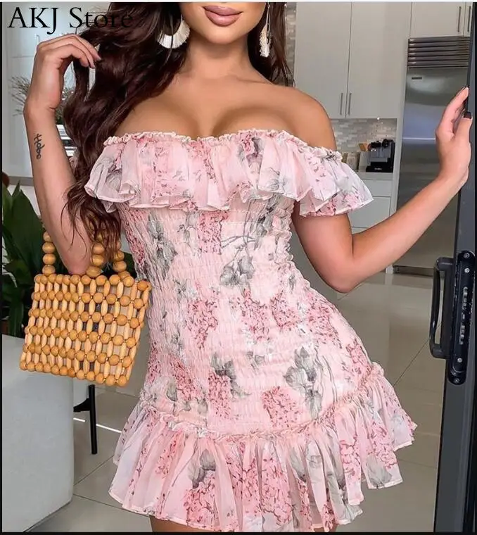 

Women Elegant Chic Dress Sexy Floral Print Ruffles Off Shoulder Party Dress