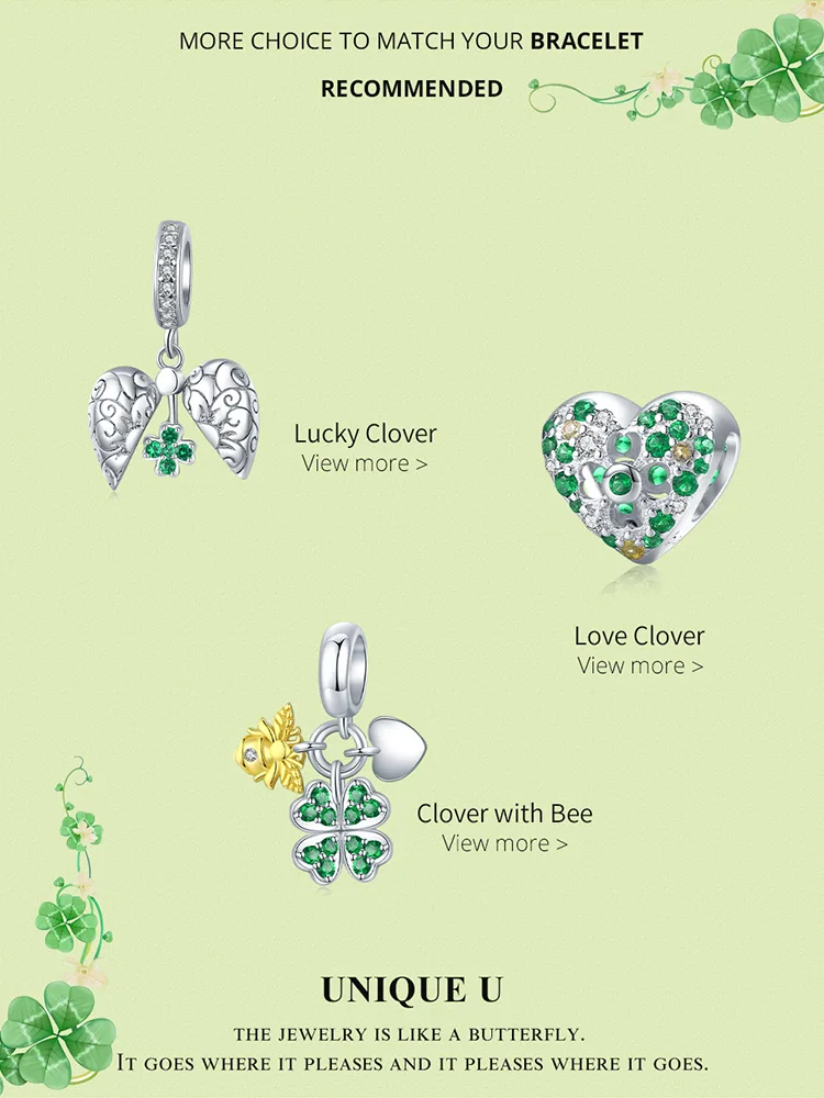 

2021 NEW Vintage Pattern Clover with Bee Charm fit Original Bracelet Jewelry 925 Sterling Silver DIY Pendant Bijoux