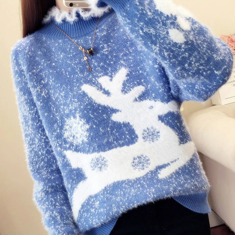 Женский свитер с воротником-хомутом из искусственного меха норки толстые теплые