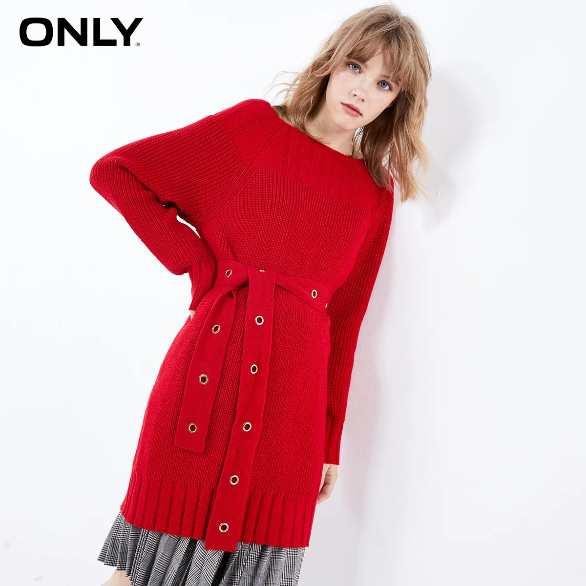ONLY Autumn Winter Women's Loose Fit Cinched Waist Knit Dress | 119346523 - Цвет: BarbadosCherry