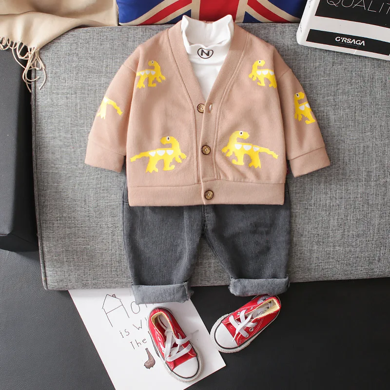 

Spring Autumn Baby Boys Clothing Set New Fashion Infant Cartoon Knitted Cardigan+High Neck T-shirt+Denim Pants 3pcs Kids Outfits