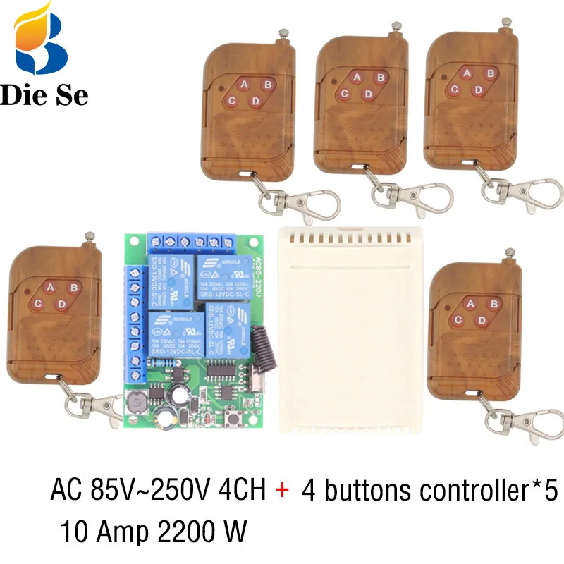 AC85V ~ 220V 10Amp 2200W 433MHz RF беспроводной пульт дистанционного управления 4CH релейный