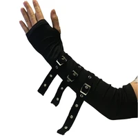 steampunk unisex buckled up bondage arm warmers with metal buckle straps womens black gothic style fingerless gloves