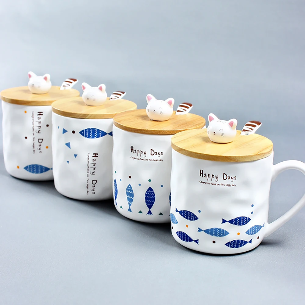 Japanese Style Coffee Mugs Creative Cartoon Cat and Fish Ceramic Cup With Spoon Lid Breakfast Water Milk Christmas Gift | Дом и сад
