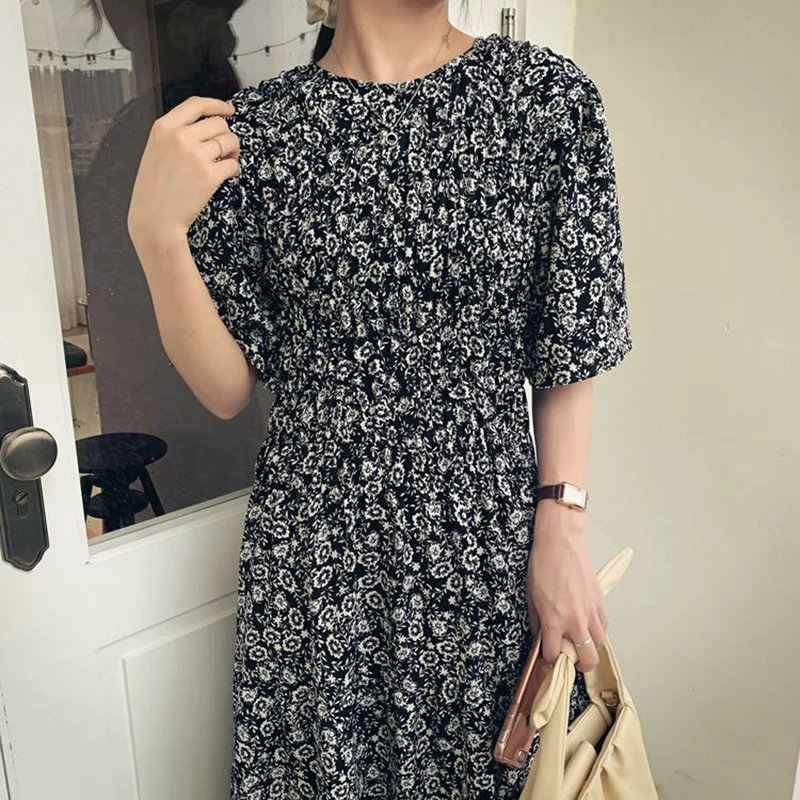 

Jvcake Woman Dress 2020 Summer New Puff Sleeve Pleated Floral Chiffon Dress Green Was Thin Waist Long Women'S Dress Fashion styl