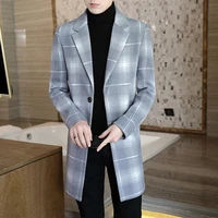 2021 mens autumn winter high quality brand fashion wool coat men long plaid slim casual lapel woolen coat suit collar jacket