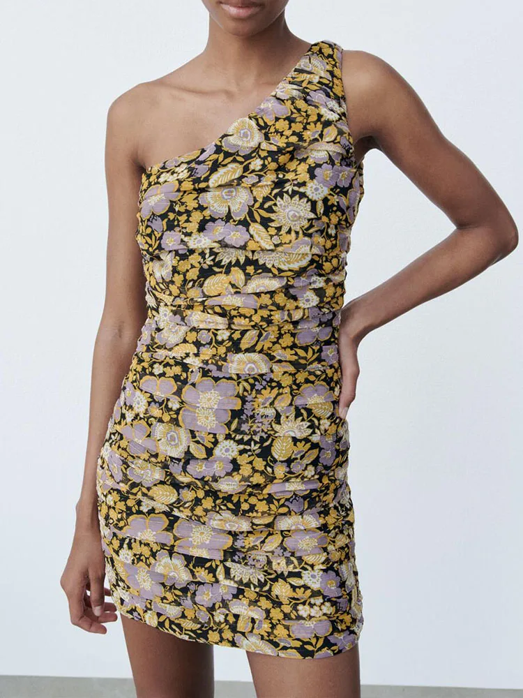 

ZA dress new female temperament retro floral asymmetrical strapless sexy bag hip slim printed wrinkle dress
