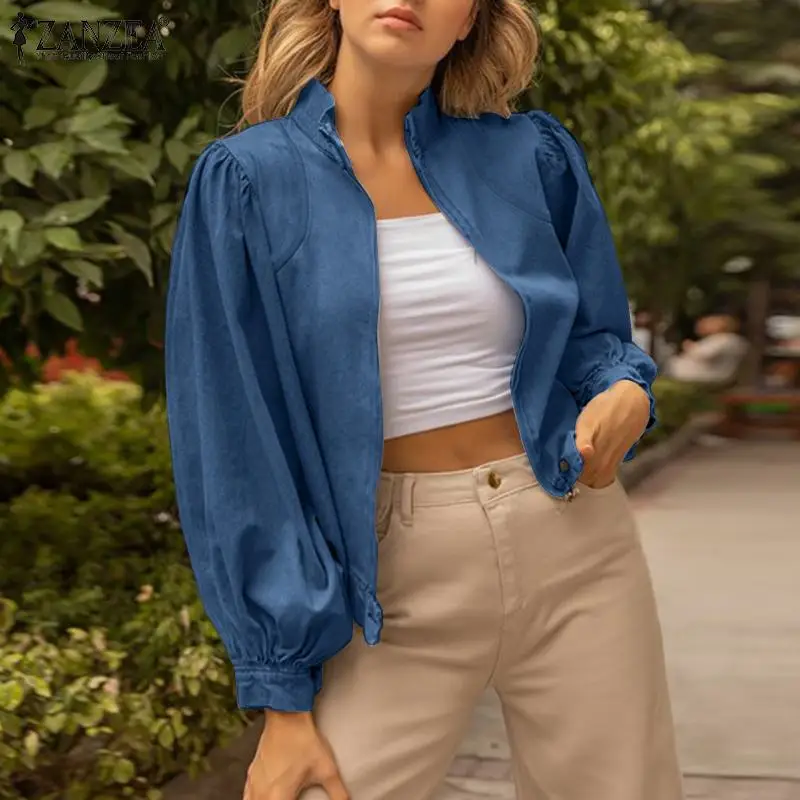 

ZANZEA Autumn Women's Jackets Coats Denim Blue Puff Long Sleeve Outwears Casual Solid Loose Coats Oversized Fashion Streetwears