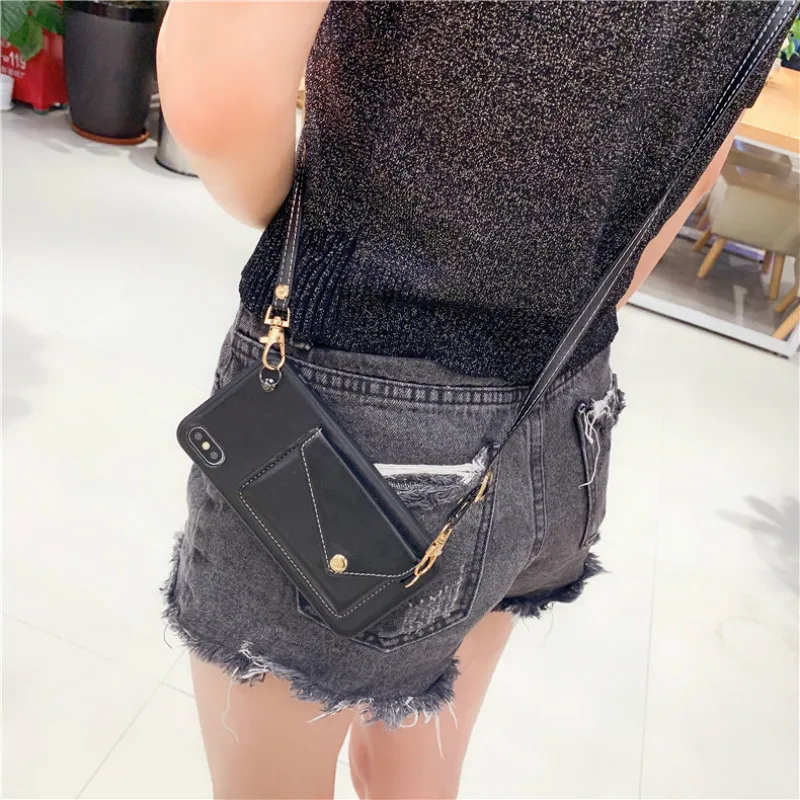 cute card wallet leather phone case Crossbody bag for iphone XS MAX case 11 pro max X XR 6S 7 8 plus s10 plus s8 s9 note8 note9
