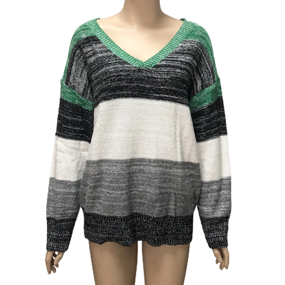 

woman sweaters Autumn V Neck Long Sleeve Color Block Patchwork Knitted Sweater Pullover 2020