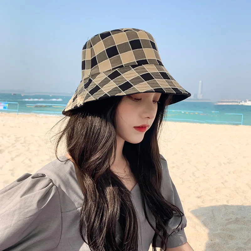 

Панама в новом стиле Женская, летняя тонкая модная Рыбацкая шляпа, двухсторонняя, клетчатая, солнцезащитная, от бренда tide, YF0099