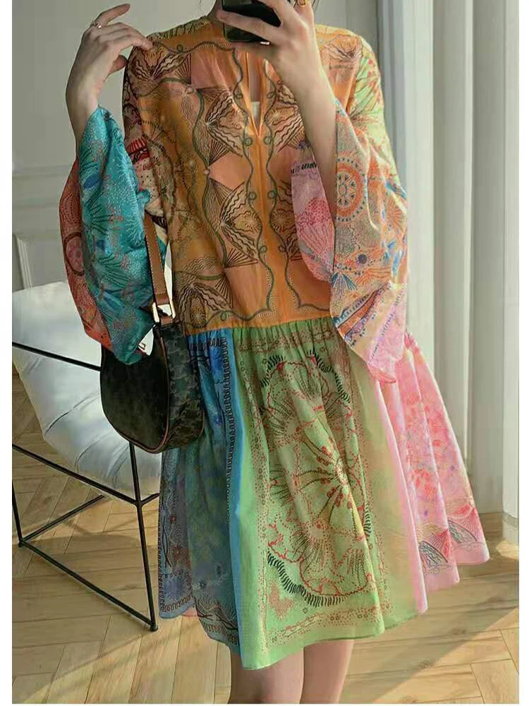 Summer Mini Dresses For Women 2021 Floral Dress With Flowers Pattern Women Midi Flare Sleeve O-neck Loose Elegant Slim Dress