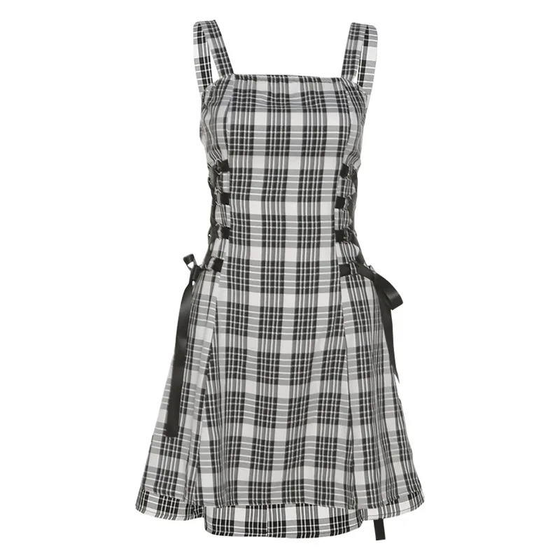 Dark Gothic Harajuku Women Mini Dresses Plaid Mall Goth Grunge Punk Black Emo Sexy Partywear Lace Up Club Dress