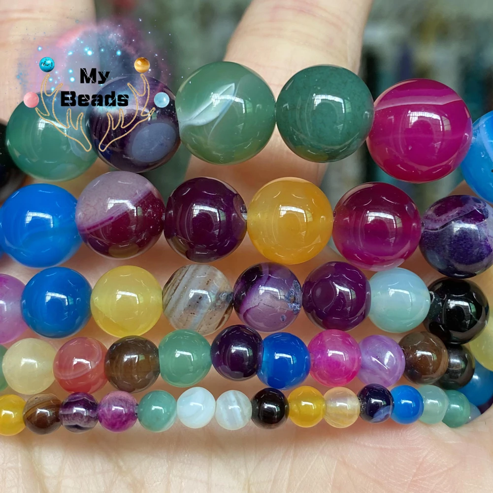

Natural Multicolor Striped Agate Stone Beads For Jewelry Making Diy Women Necklace Bracelet Charm 4 6 8 10 12mm 15" Round Beads