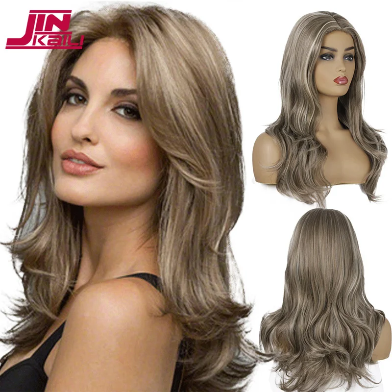 JINKAILI Middle Part Long Curly Synthetic Wig European and American Fashion Ladies Brown Blond Fiber Wig