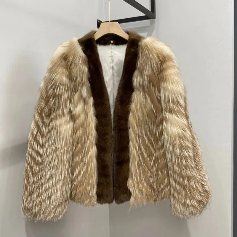 

Fashion Winter and Autumn Warm Leather Coat Natural Fox Fur Coat Real Mink Fur Collar Jacket Winter Spring Elegant Outerwear