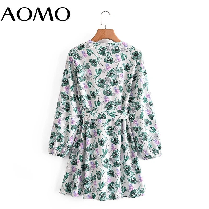 

AOMO 2021 Autumn Women Flowers Print Shirt Dress Lantern Long Sleeve Office Ladies Mini Dress With Slash 3A71A