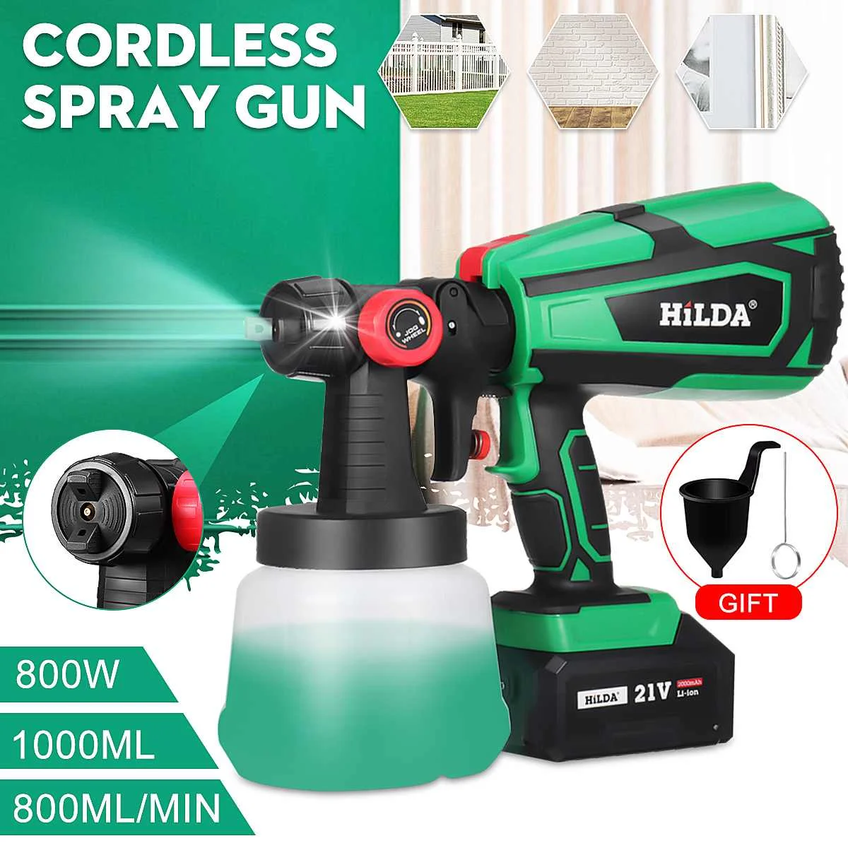 

800W 1000ML Electric Paint Sprayer Adjustable Nozzle For Home Garden Painting Sprayer Gun Spray Paint Tool With Li-ion Battery