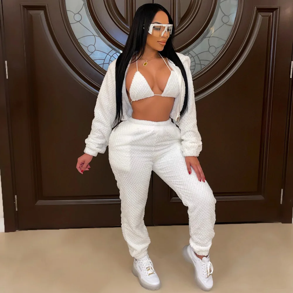 

Autumn Winter Solid Plush Thicken Warm Women's Sport Suits Bra Top+long Sleeve Crop Jackets+high Waist Jogger Sweatpant Outfits