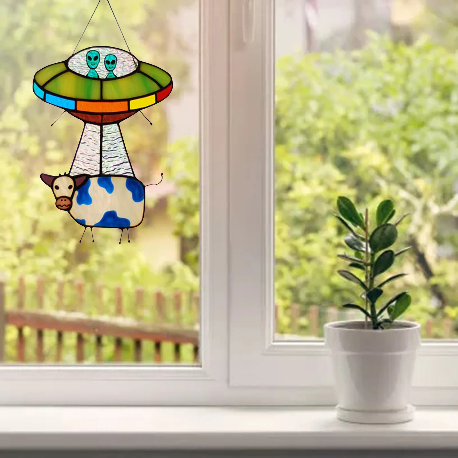 

Painted UFO Pendant Alien Cow Pendant Stained Glass Suncatcher Window Panel Garden Decoration