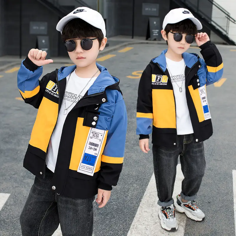 

Spring Autumn Jacket For Boys Children's Coat Outerwear Fashion Patchwork Hooded Letter Casual Trench Handsome Teenager Clothes