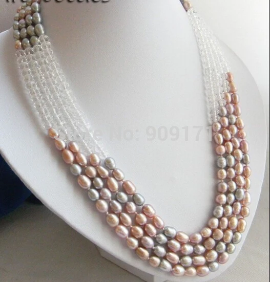 

Бесплатная доставка, ожерелье из 4 нитей 17 ''7 мм с рисовым серым пресноводным жемчугом лаванды и прозрачным кристаллом