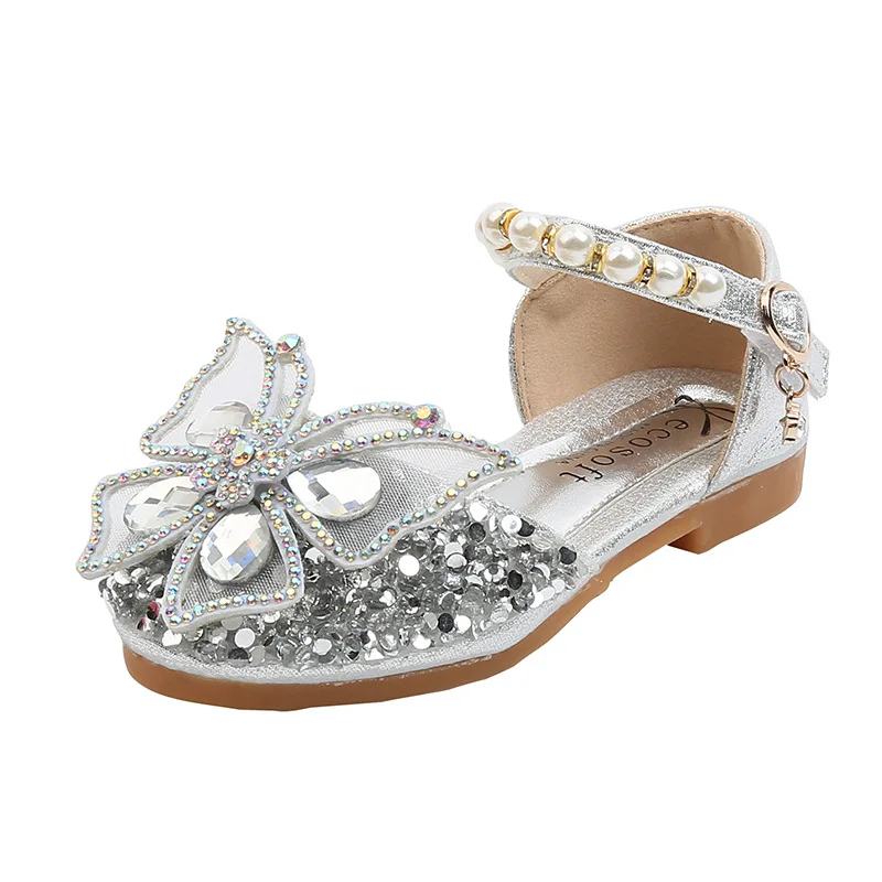 Girls Sequin Lace Bow Kids Shoes Girls Cute Pearl Princess Dance Single Casual Shoe 2022 New Children's Party Wedding Shoes D721