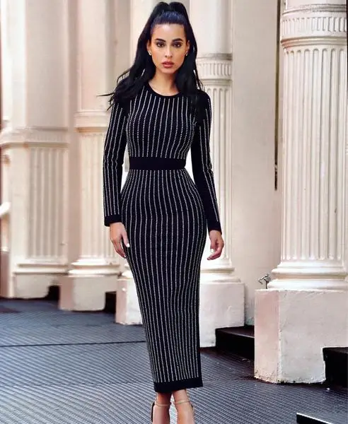 luxury Baroque Runway Women rhinestone crystal beads evening prom party straight pencil slim formal bandage sexy dress | Женская одежда