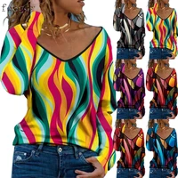 feogor 2021 summer new casual womens fashion print v neck long sleeved loose womens t shirt crop top oversized t shirt