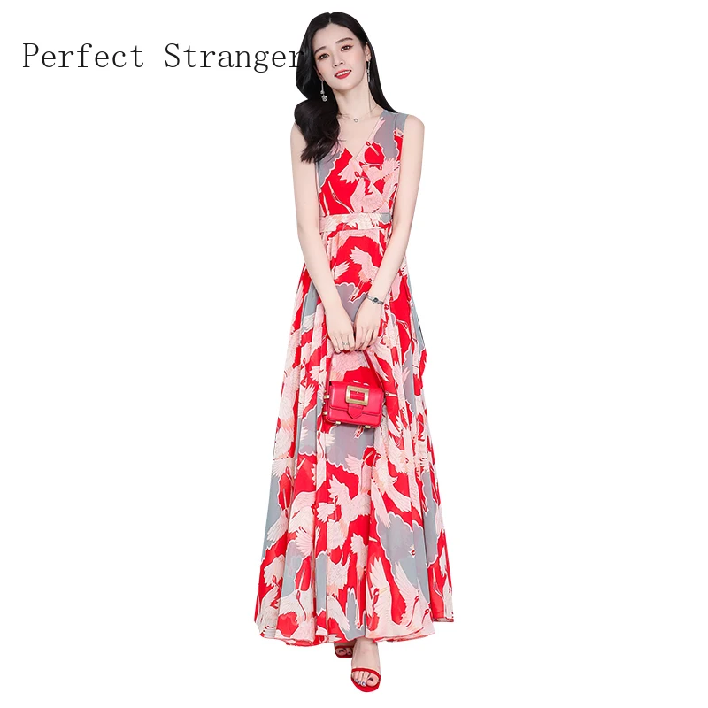 

2020 Summer New Arrival Elegant V Collar Sleeveless Flower Printed Plus Size S-4XL Women Chiffon Long Dress