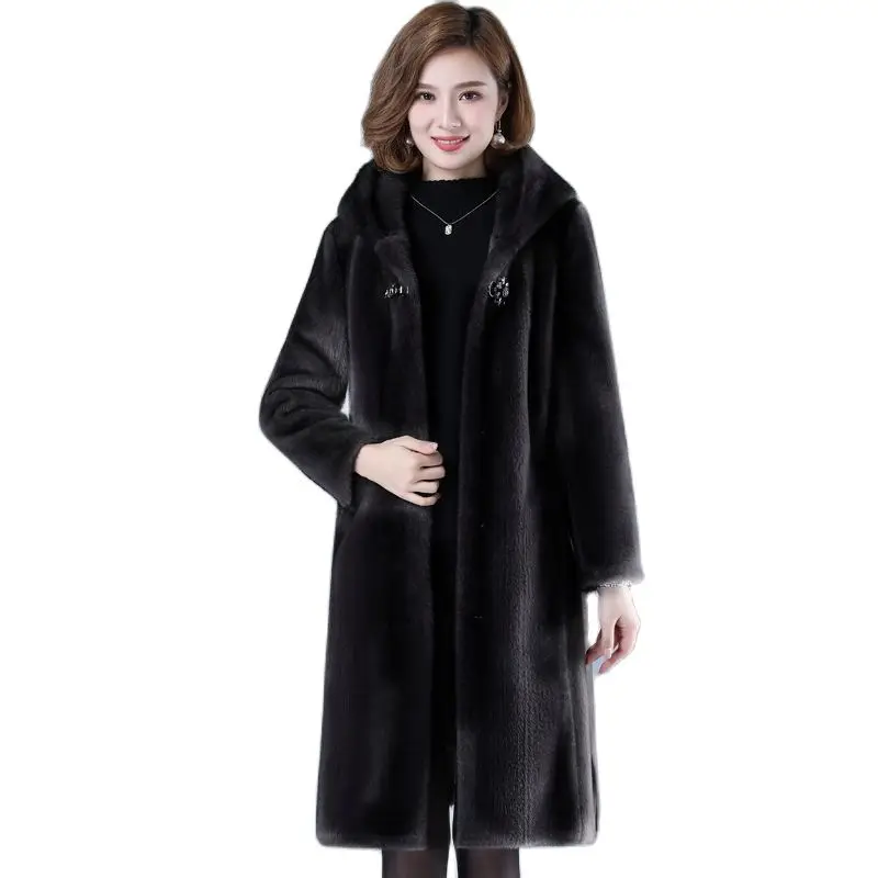 

Шуба из меха норки для женщин, осень/зима, новая одежда для мам, толстая бархатная норковая куртка с капюшоном, верхняя одежда из искусственного меха, Женское пальто средней длины